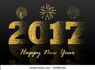 Happy New Year 2017 greeting with gold numbers and fireworks, vector illustration