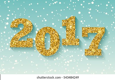 Happy New Year 2017 greeting with gold numbers and snow, vector illustration