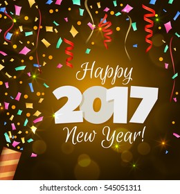 Happy New Year 2017 greeting card. Festive illustration with colorful confetti, party popper and spangles on yellow background. Vector.