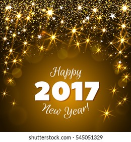 Happy New Year 2017 greeting card. Festive illustration with flare, glitter and snow on yellow background. Vector.