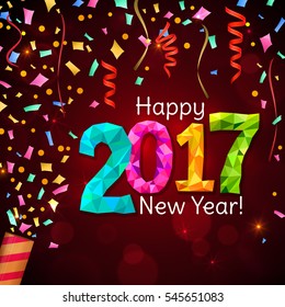 Happy New Year 2017 greeting card. Festive illustration with colorful confetti, party popper and sparkles on red background. Vector.