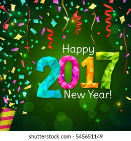 Happy New Year 2017 greeting card. Festive illustration with colorful confetti, party popper and sparkles on green background. Vector.