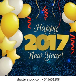 Happy New Year 2017 greeting card. Festive illustration with balloons, confetti and sparkles on dark blue background. Vector.
