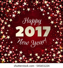 Happy New Year 2017 greeting card. Festive illustration with sparkles, stars and confetti on red background. Vector.