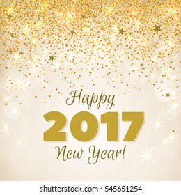 Happy New Year 2017 greeting card. Festive illustration with flare, glitter and snow on golden background. Vector.