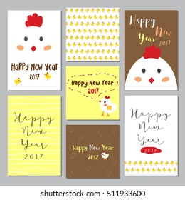 Happy New Year 2017 greetings card set for the year of Rooster with chicks and chickens.