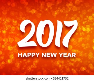 Happy New Year 2017 greetings on red blurred background with magic bokeh lights. Vector greeting card design template with typography