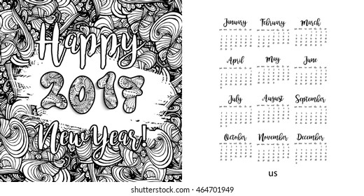 Happy New Year 2017 hand drawn calendar template. Xmas doodles. Vector illustration. Adult coloring page design