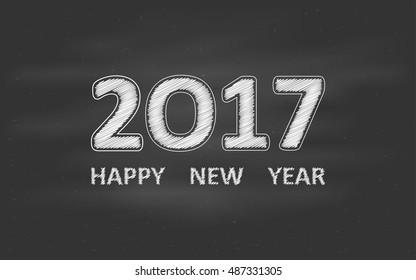 Happy new year 2017 in hand drawing style on black chalk board background (vector)