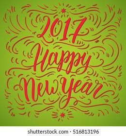 Happy new year 2017 hand lettering on blured background. Can be used for website background, calendar, printing, banner, greeting card. Vector illustration