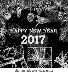 Happy New Year 2017 handmade hand drawing style greeting card. Black white vector.