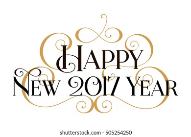 Happy New Year 2017. Handwritten modern brush black text, gold swirl, white background. Beautiful lettering invitation, greeting, prints, posters. Typographic inscription, calligraphic design vector