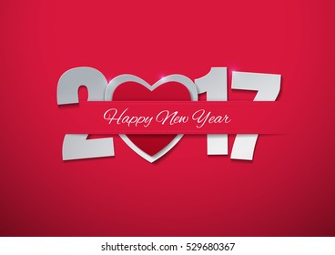 Happy New Year 2017 with Heart on Pink Background, Vector Illustration