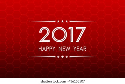 happy new year 2017 and hexagon pattern on red background (vector)