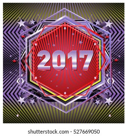 Happy New Year 2017 hexagonal background. Calendar cover template. Colorful Modern memphis & geometric style background. Greeting card vector illustration.