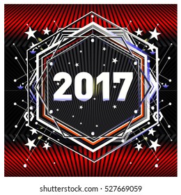 Happy New Year 2017 hexagonal background. Calendar cover template. Colorful Modern memphis & geometric style background. Greeting card vector illustration.
