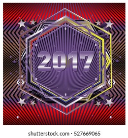 Happy New Year 2017 hexagonal background. Calendar cover template. Colorful Modern memphis & geometric style background. Greeting card vector illustration.