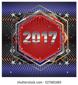 Happy New Year 2017 hexagonal background. Calendar cover template. Colorful Modern memphis & geometric style background. Greeting card vector illustration.