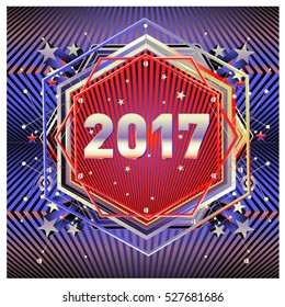 Happy New Year 2017 hexagonal background. Calendar cover template. Colorful Modern memphis & geometric style background. Greeting card vector illustration.