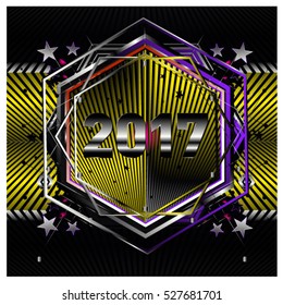 Happy New Year 2017 hexagonal background. Calendar cover template. Colorful Modern memphis & geometric style background. Greeting card vector illustration.
