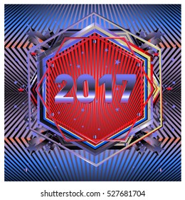 Happy New Year 2017 hexagonal background. Calendar cover template. Colorful Modern memphis & geometric style background. Greeting card vector illustration.