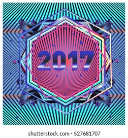 Happy New Year 2017 hexagonal background. Calendar cover template. Colorful Modern memphis & geometric style background. Greeting card vector illustration.
