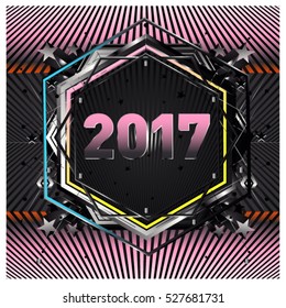 Happy New Year 2017 hexagonal background. Calendar cover template. Colorful Modern memphis & geometric style background. Greeting card vector illustration.