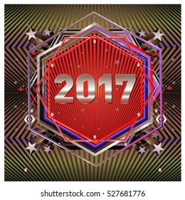 Happy New Year 2017 hexagonal background. Calendar cover template. Colorful Modern memphis & geometric style background. Greeting card vector illustration.