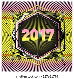 Happy New Year 2017 hexagonal background. Calendar cover template. Colorful Modern memphis & geometric style background. Greeting card vector illustration.