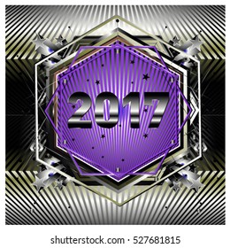 Happy New Year 2017 hexagonal background. Calendar cover template. Colorful Modern memphis & geometric style background. Greeting card vector illustration.