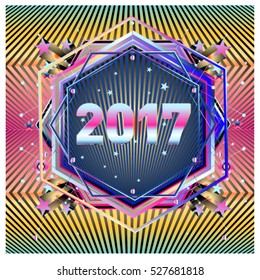 Happy New Year 2017 hexagonal background. Calendar cover template. Colorful Modern memphis & geometric style background. Greeting card vector illustration.