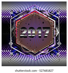 Happy New Year 2017 hexagonal background. Calendar cover template. Colorful Modern memphis & geometric style background. Greeting card vector illustration.