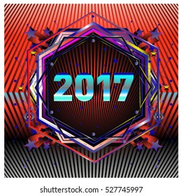 Happy New Year 2017 hexagonal background. Calendar cover template. Colorful Modern memphis & geometric style background. Greeting card vector illustration.