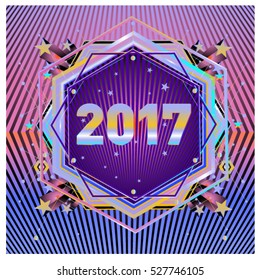 Happy New Year 2017 hexagonal background. Calendar cover template. Colorful Modern memphis & geometric style background. Greeting card vector illustration.