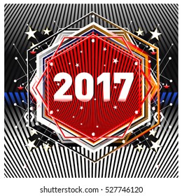 Happy New Year 2017 hexagonal background. Calendar cover template. Colorful Modern memphis & geometric style background. Greeting card vector illustration.