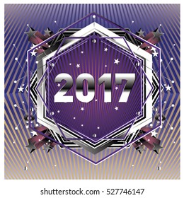 Happy New Year 2017 hexagonal background. Calendar cover template. Colorful Modern memphis & geometric style background. Greeting card vector illustration.