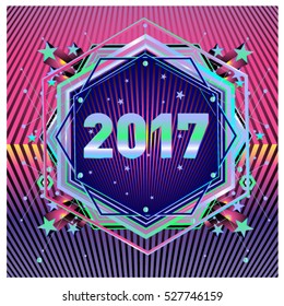 Happy New Year 2017 hexagonal background. Calendar cover template. Colorful Modern memphis & geometric style background. Greeting card vector illustration.