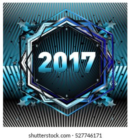 Happy New Year 2017 hexagonal background. Calendar cover template. Colorful Modern memphis & geometric style background. Greeting card vector illustration.