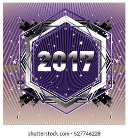Happy New Year 2017 hexagonal background. Calendar cover template. Colorful Modern memphis & geometric style background. Greeting card vector illustration.