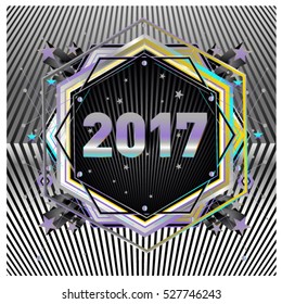 Happy New Year 2017 hexagonal background. Calendar cover template. Colorful Modern memphis & geometric style background. Greeting card vector illustration.