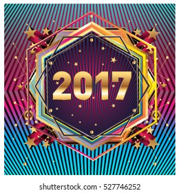 Happy New Year 2017 hexagonal background. Calendar cover template. Colorful Modern memphis & geometric style background. Greeting card vector illustration.