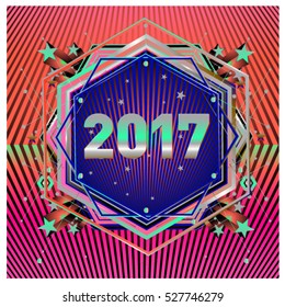 Happy New Year 2017 hexagonal background. Calendar cover template. Colorful Modern memphis & geometric style background. Greeting card vector illustration.