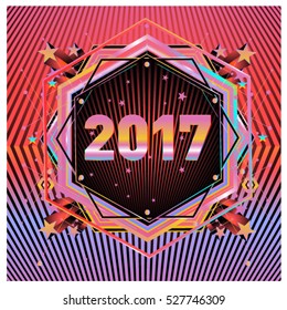 Happy New Year 2017 hexagonal background. Calendar cover template. Colorful Modern memphis & geometric style background. Greeting card vector illustration.