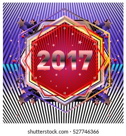 Happy New Year 2017 hexagonal background. Calendar cover template. Colorful Modern memphis & geometric style background. Greeting card vector illustration.