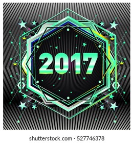 Happy New Year 2017 hexagonal background. Calendar cover template. Colorful Modern memphis & geometric style background. Greeting card vector illustration.