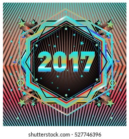 Happy New Year 2017 hexagonal background. Calendar cover template. Colorful Modern memphis & geometric style background. Greeting card vector illustration.