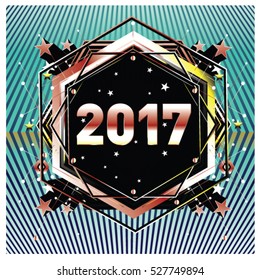 Happy New Year 2017 hexagonal background. Calendar cover template. Colorful Modern memphis & geometric style background. Greeting card vector illustration.