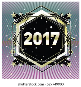 Happy New Year 2017 hexagonal background. Calendar cover template. Colorful Modern memphis & geometric style background. Greeting card vector illustration.