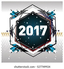 Happy New Year 2017 hexagonal background. Calendar cover template. Colorful Modern memphis & geometric style background. Greeting card vector illustration.