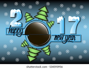 Happy new year 2017 and  hockey puck with Christmas trees. Vector illustration